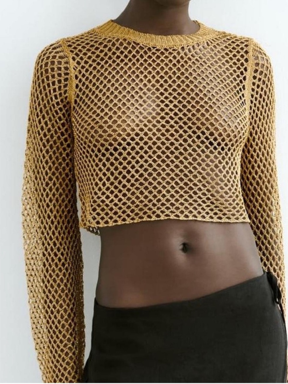 Zara Gold Metallic Crochet Fishnet Crop Sweater Bell Sleeve Cover Up M